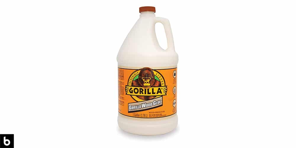 This is a product image in our Best Wood Glue in 2024 article. It is a photo of a bottle of Gorilla Wood Glue overlaid on a minimalistic white background with a Burbro logo.