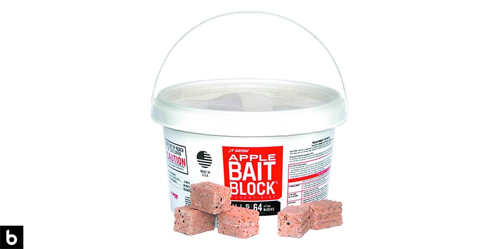 This is a photo of a bucket of JT Eaton Rodenticide Bait Blocks overlaid on a minimalistic white background with a Burbro logo.