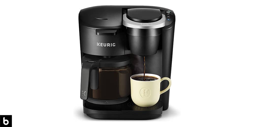 This is a photo of a black Keurig K-Duo Coffee Maker overlaid on a minimalistic white background with a Burbro logo.