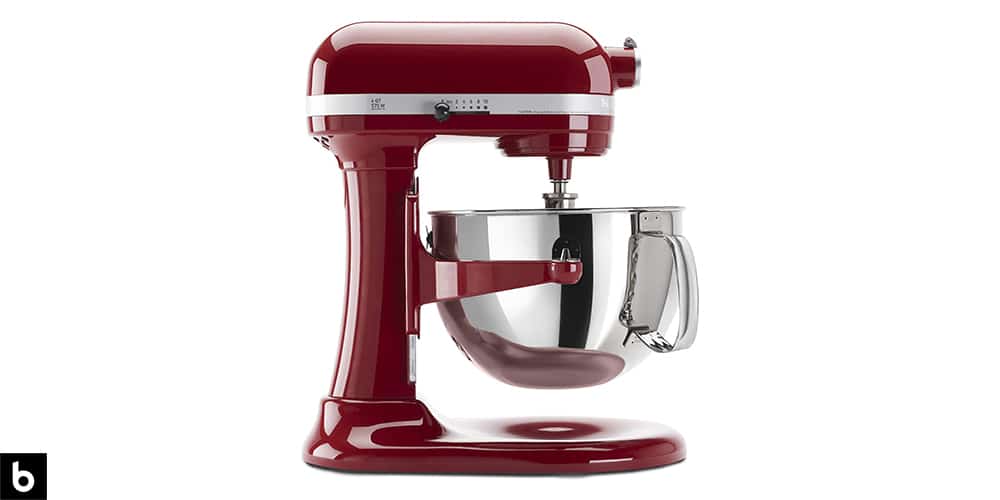 This is a photo of a cherry red Cuisinart Professional Stand Mixer overlaid on a minimalistic white background with a Burbro logo.