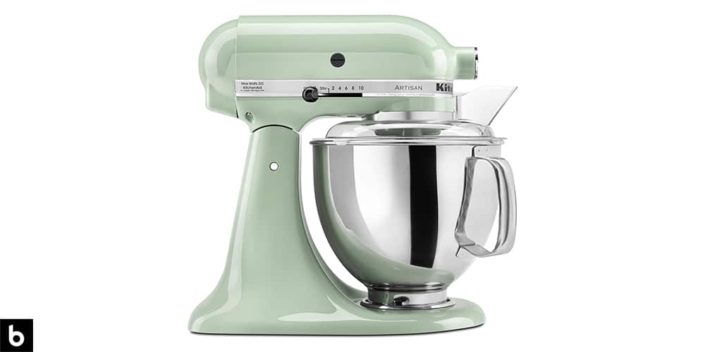 This is a photo of a light green KitchenAid Artisan Series Mixer overlaid on a minimalistic white background with a Burbro logo.
