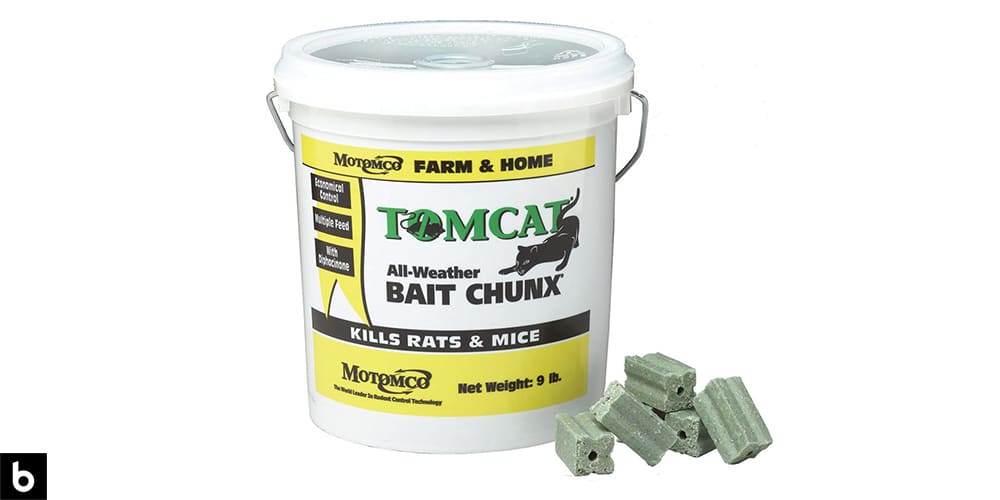 This is a photo of a bucket of Tomcat All-Weather Bait Chunx overlaid on a minimalistic white background with a Burbro logo.