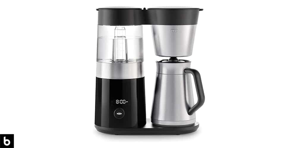 This is a photo of a silver and black OXO Brew 9-Cup Coffee Machine overlaid on a minimalistic white background with a Burbro logo.