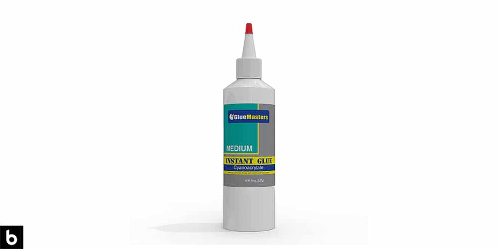 This is a photo of a bottle of GlueMaster’s Professional Super Glue overlaid on a minimalistic white background with a Burbro logo.