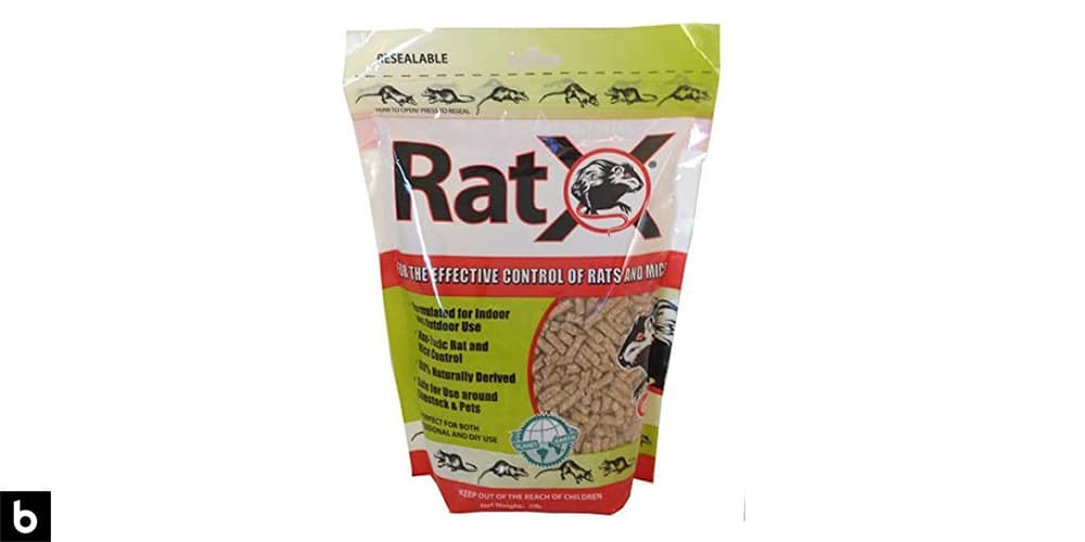 This is a product image in our Best Mouse Poison of 2022 article. It is a photo of a bag of Ecoclear RatX Mouse Poison overlaid on a minimalistic white background with a Burbro logo.