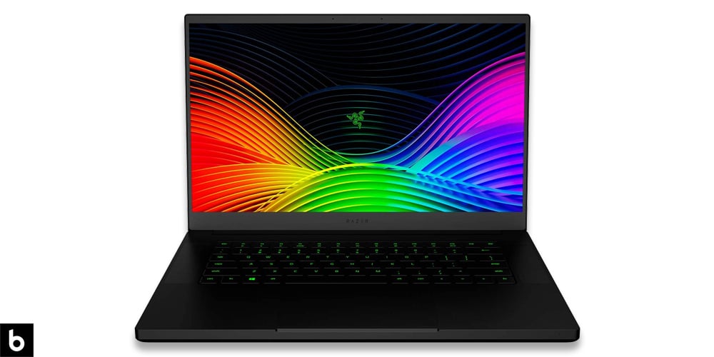 This is a photo of a Razer Blade 15-Inch gaming laptop overlaid on a minimalistic white background with a Burbro logo.