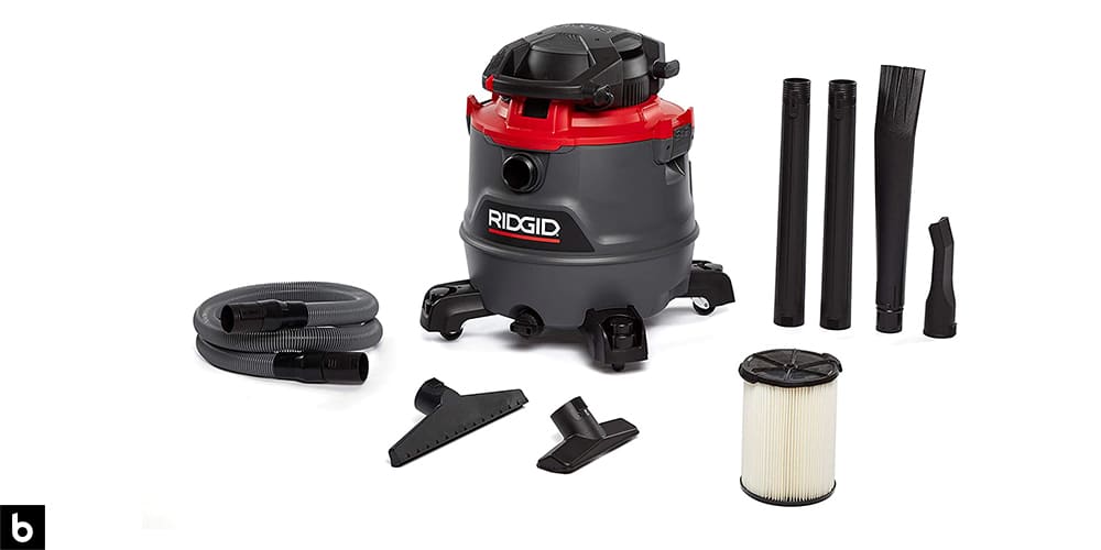 This is a photo of a red and black Ridgid 16-Gallon Wet/Dry Vacuum overlaid on a minimalistic white background with a Burbro logo. There are various hose and nozzle attachments in the photo as well.