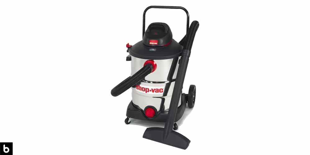 This is a product image in our Best Shop Vacs in 2023 article. It is a photo of a silver and black Shop Vac 5989700 16-Gallon Wet/Dry Vacuum overlaid on a minimalistic white background with a Burbro logo.
