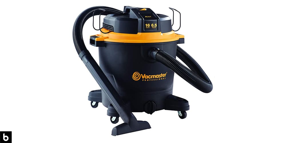 This is a photo of a yellow and black VacMaster Professional Beast Shop Vac overlaid on a minimalistic white background with a Burbro logo.