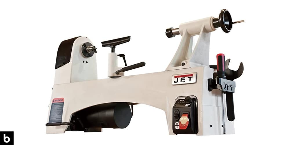 This is a product image in our Best Wood Lathe 2023 article. It is a JET JWL-1221VS Wood Lathe overlaid on a minimalistic white background with a Burbro logo.