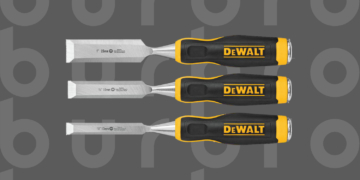 This is the cover photo for our Best Chisel Set article. It features a set of DeWalt Chisels overlaid on a Burbro logo poster-style grey background.