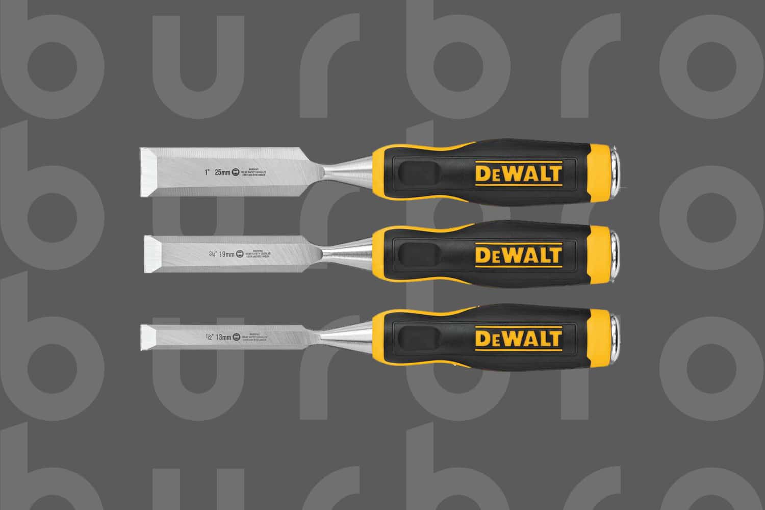 This is the cover photo for our Best Chisel Set article. It features a set of DeWalt Chisels overlaid on a Burbro logo poster-style grey background.