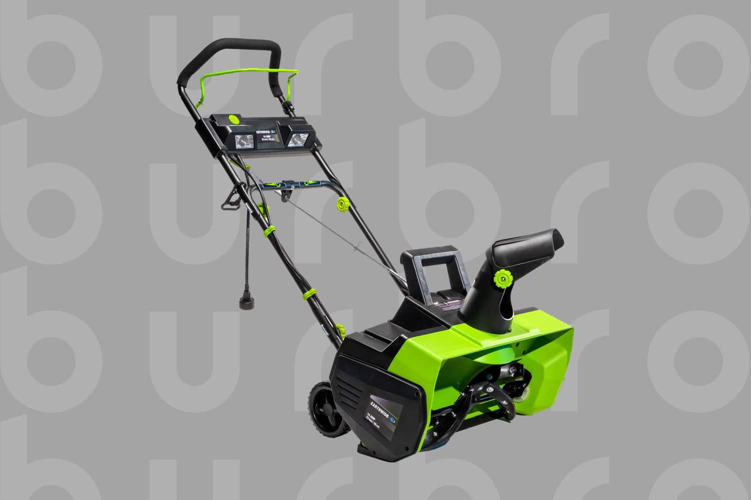 This is the cover photo for our Best Electric Snow Blower article. It shows a lime green and black snowblower overlaid on a grey background with embossed Burbro logo.