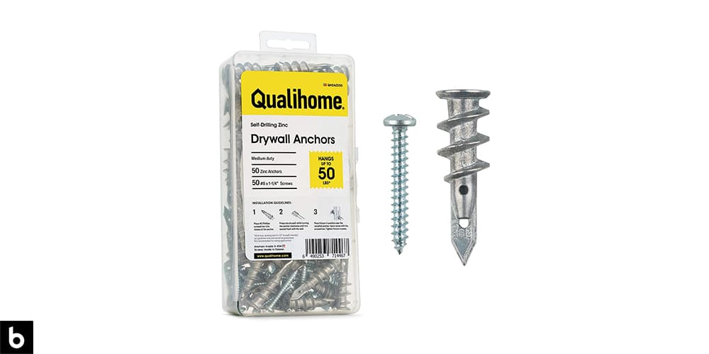 This is a product image in our Best Wall Anchors 2022 article. It is a pack of Qualihome Self Drilling Anchors overlaid on a minimalistic white background with a Burbro logo.