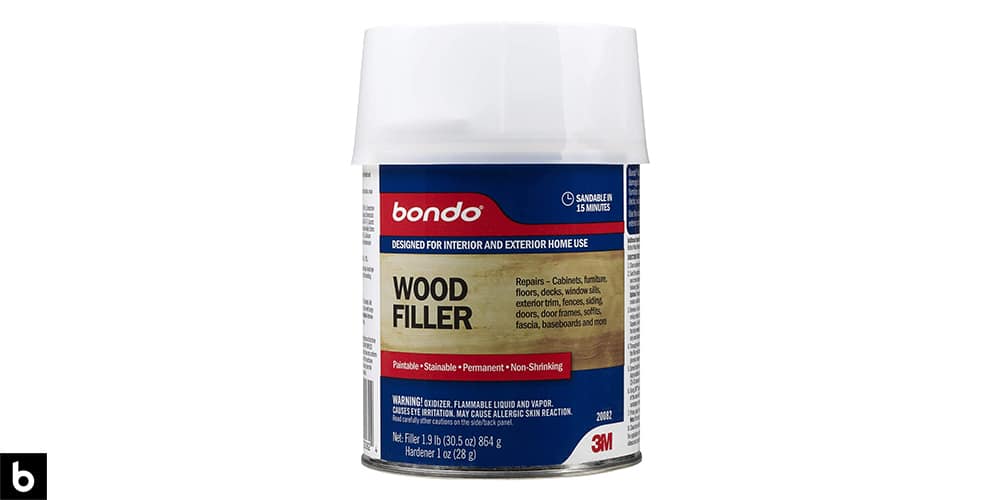 This is a photo of a bottle of Bondo Wood Filler overlaid on a minimalistic white background with a Burbro logo.