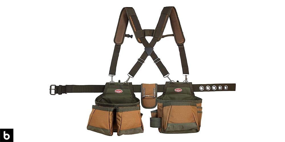 This is a product image in our Best Tool Belt 2024 article. It is a Bucket Boss Airlift Tool Belt overlaid on a minimalistic white background with a Burbro logo.