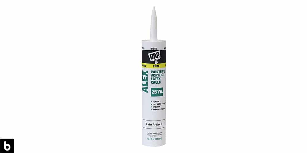 This is a photo of a tube of DAP Alex Interior Exterior Caulking overlaid on a minimalistic white background with a Burbro logo.