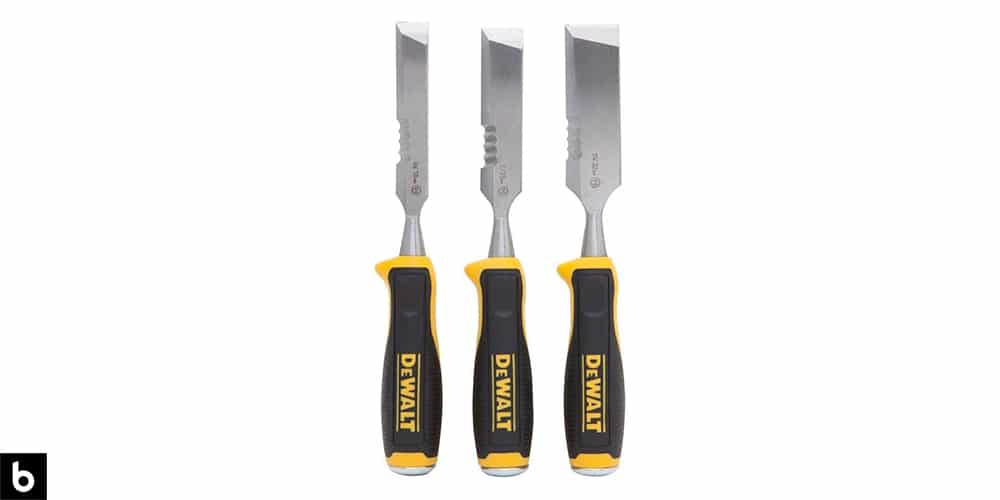 This is a photo of the Dewalt Side Strike Chisel Set, which we’ve chosen as the best chisel set for demolition in 2022. The chisels have a black and yellow rubber handle with a stainless-steel shaft. This image is overlaid on a white minimalistic background with a Burbro logo in the corner.