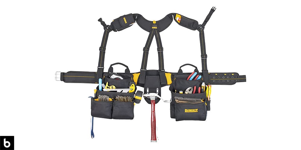 This is a product image in our Best Tool Belt 2024 article. It is a Dewalt Pro Framer’s Apron Work Belt overlaid on a minimalistic white background with a Burbro logo.
