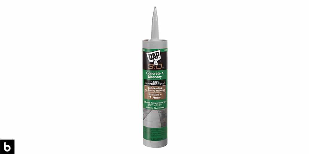 This is a product image in our Best Caulking & Sealants for Concrete 2024 article. It is a photo of a tube of DAP Concrete Filler and Sealant overlaid on a minimalistic white background with a Burbro logo.
