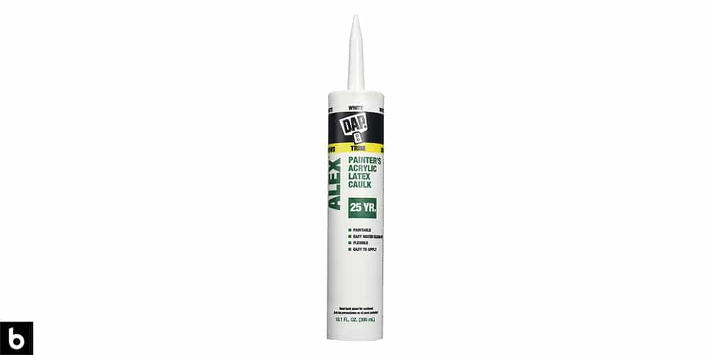 This is a photo of a tube of DAP White Painters Latex Caulking overlaid on a minimalistic white background with a Burbro logo.