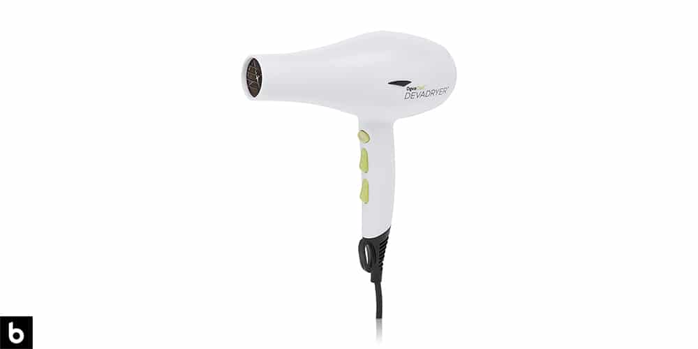 This is a photo of a DevaCurl DevaDryer Hair Dryer overlaid on a minimalistic white background with a Burbro logo.