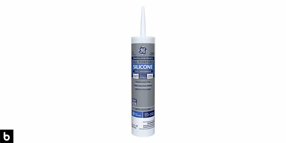 This is a photo of a tube of GE All Purpose Silicone Sealant overlaid on a minimalistic white background with a Burbro logo.