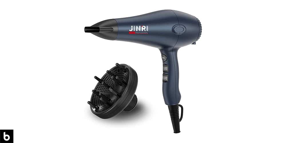 This is a photo of a Jinri Professional Salon Hair Dryer overlaid on a minimalistic white background with a Burbro logo.