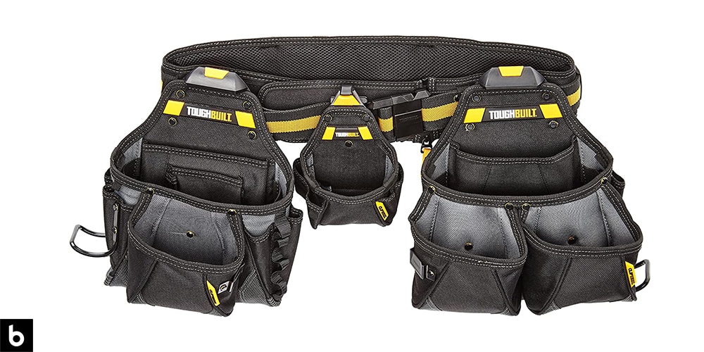 This is a ToughBuilt Contractor Tool Belt overlaid on a minimalistic white background with a Burbro logo.