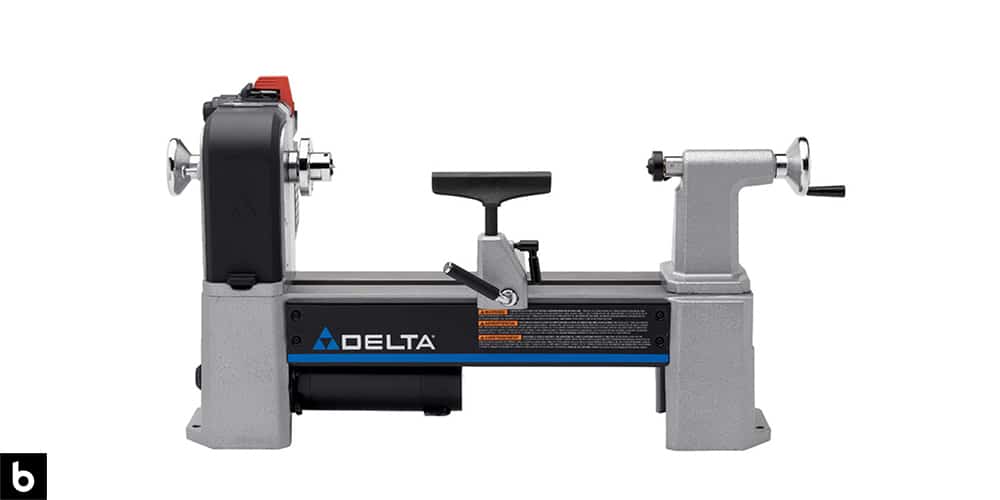 This is a product image in our Best Wood Lathe 2023 article. It is a Delta Industrial 46-460 Midi-Lathe overlaid on a minimalistic white background with a Burbro logo.