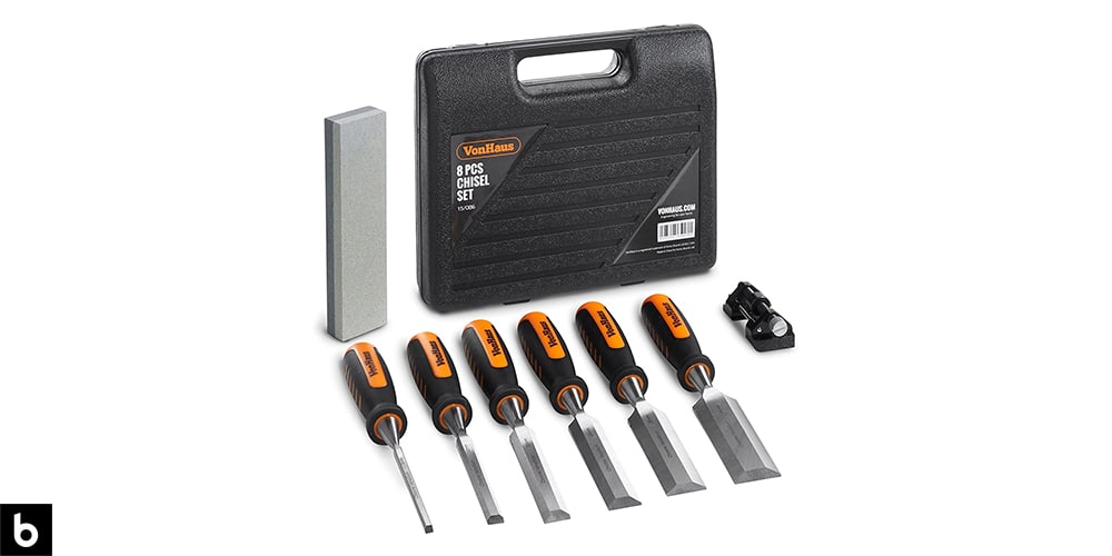 This is a photo of the Vonhaus 8-Piece Chisel Set, which we’ve chosen as the best chisel set for carving wood in 2023. The chisels have a black and orange rubber handle with a stainless-steel shaft, and come with a carrying case and honing stone. This image is overlaid on a white minimalistic background with a Burbro logo in the corner.