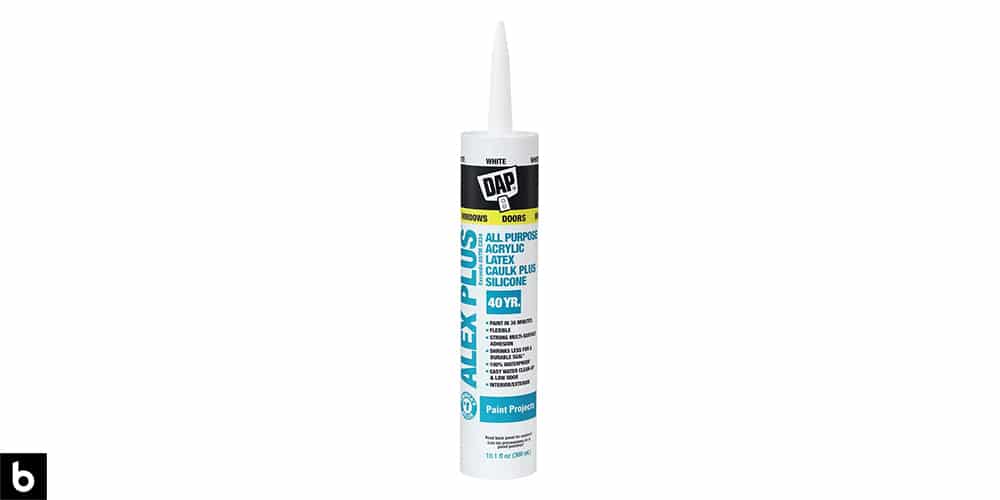 This is a product image in our Best Latex Caulking & Sealants 2024 article. It is a photo of a tube of DAP White Latex Caulking overlaid on a minimalistic white background with a Burbro logo.