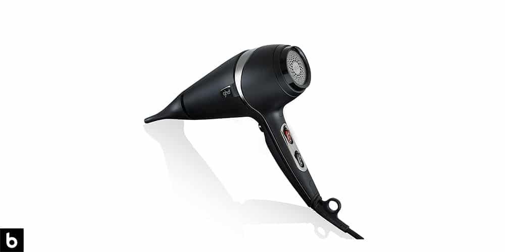 This is a photo of a GHD Professional Hair Dryer overlaid on a minimalistic white background with a Burbro logo.