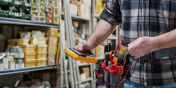 This is the cover photo for our Best Electrician Tool Belt article. It shows an electrician in a store isle, holding a multimeter, wearing a tool belt with tools inside. The background has several shelves of supplies.