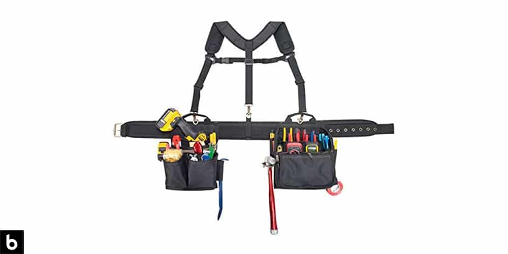 This is a picture of a CLC Electricians Combo Tool Belt with tools overlaid on a white background.