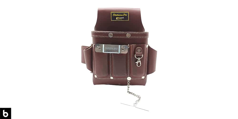 This is a product image of a classic brown leather electricians tool pouch, overlaid on a white background.