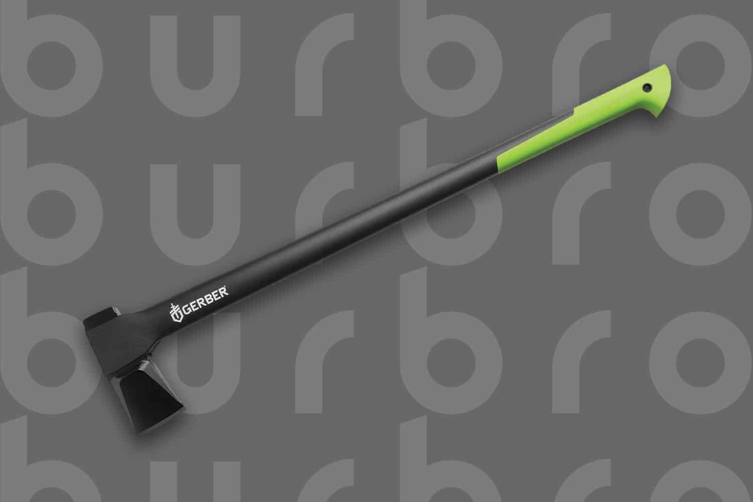 This is the cover photo for our Best Axes article. It features a black and lime green Gerber axe overlaid on a dark grey background with embossed Burbro logo.
