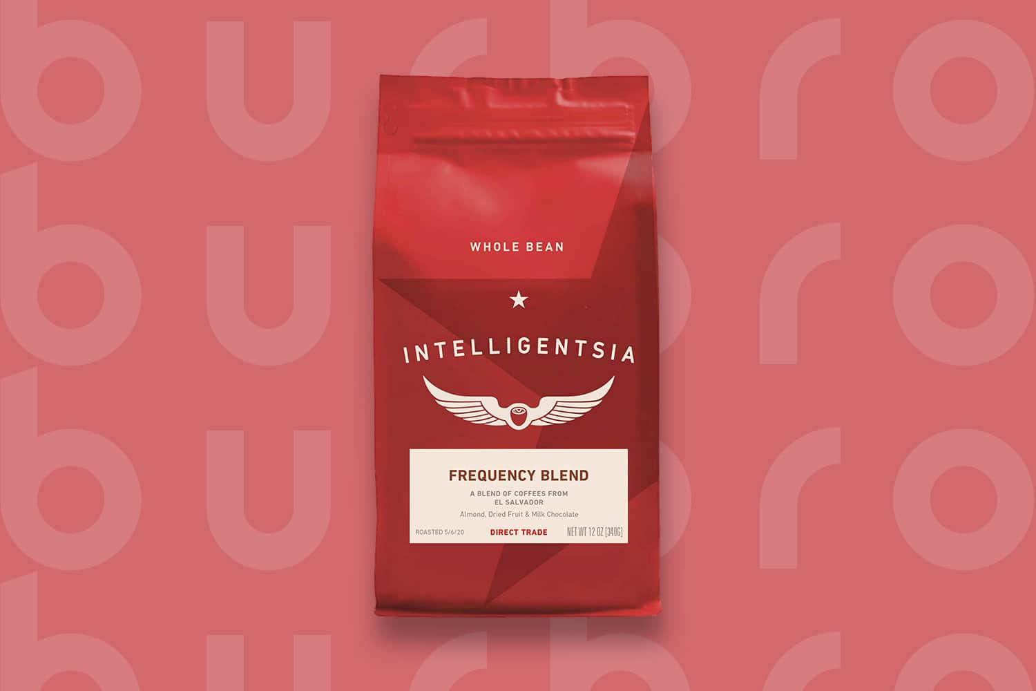 This is the cover photo from our Best Coffee Beans article. It features a red-colored bag of Intelligentsia beans overlaid on a red background with embossed Burbro logo.