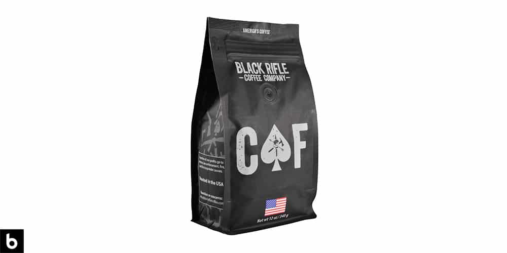 This is a product image, featuring a black and silver bag of Black Rifle coffee.