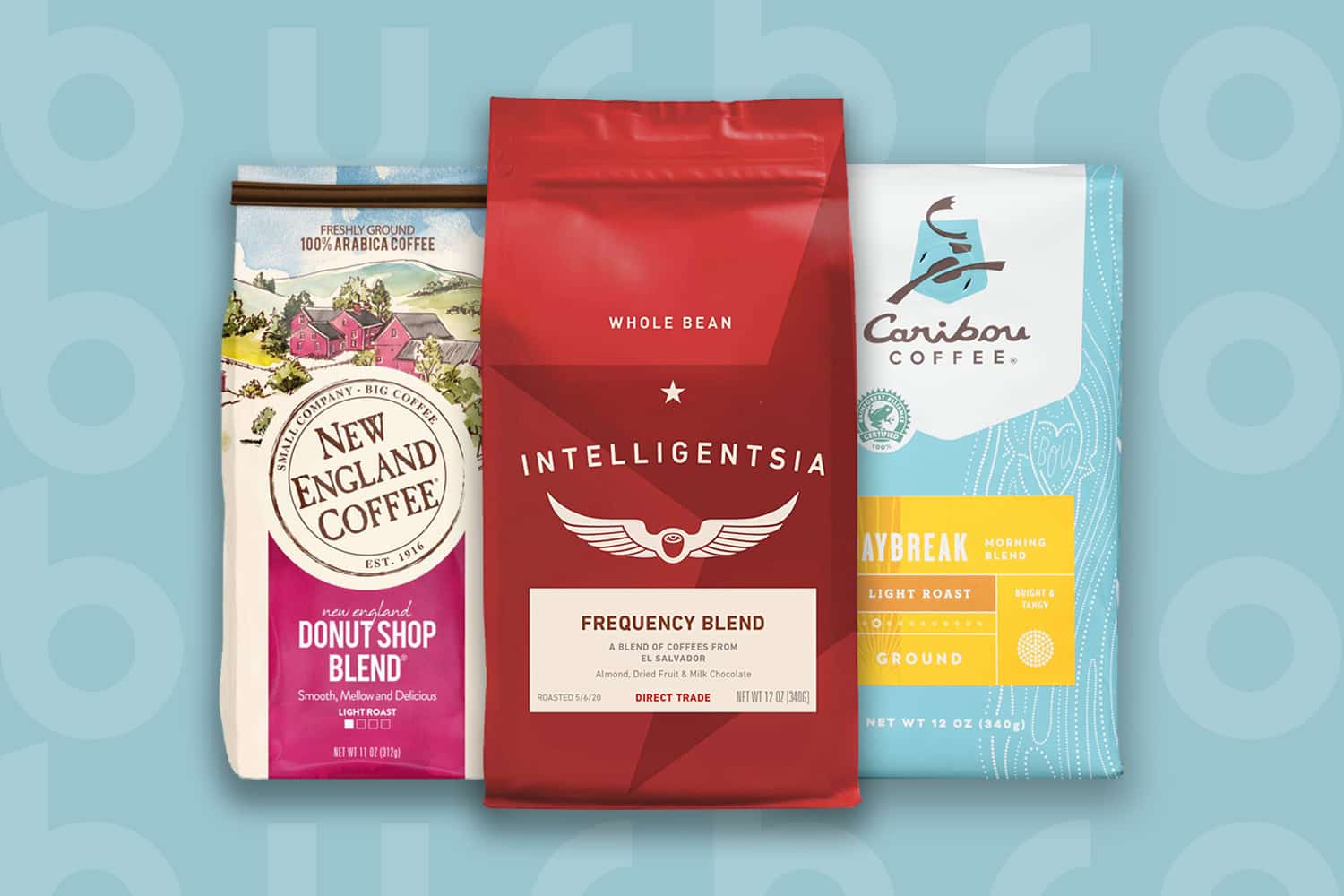 This is the cover photo for our Best Coffee Brands article. It features a bag of New England Coffee, a bag of Intelligentsia Coffee, and a bag of Caribou Coffee, all overlaid on a blue background with an embossed Burbro logo.