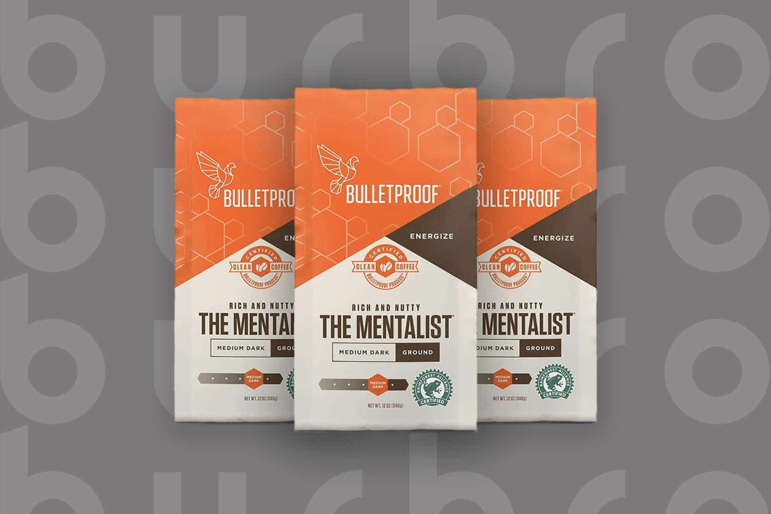 This is the cover photo for our Best Coffee for French Press article. It features three bags of The Mentalist Whole Bean coffee, overlaying a grey background with an embossed Burbro logo.