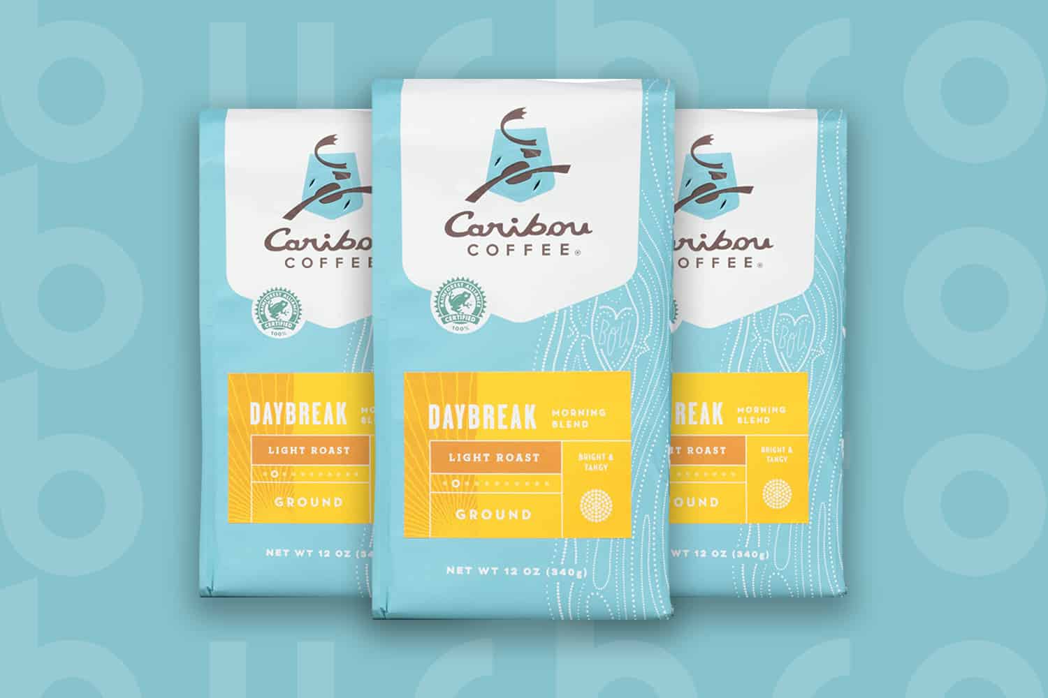 This is the cover photo for our Best Light Roast Coffee article. It features three light blue and yellow bags of light roast coffee overlaid on a blue background with embossed Burbro logo.