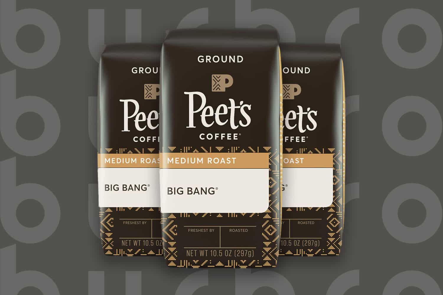 This is the cover photo for our Best Medium Roast Coffee article. It features three bags of Peet's Big Bang Medium Roast coffee overlaid on a chocolate brown background.