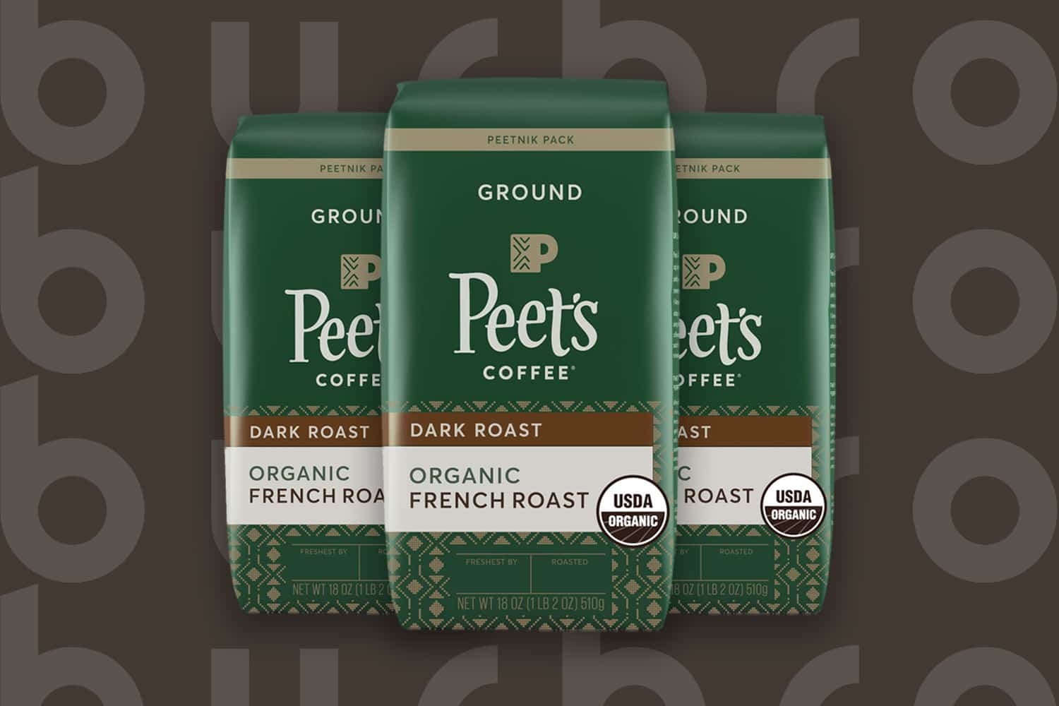 This is the cover photo for our Best Organic Coffee article. It features 3 green and brown bags of Peet's Organic French Roast Coffee, overlaid on a brown background with embossed Burbro logo.
