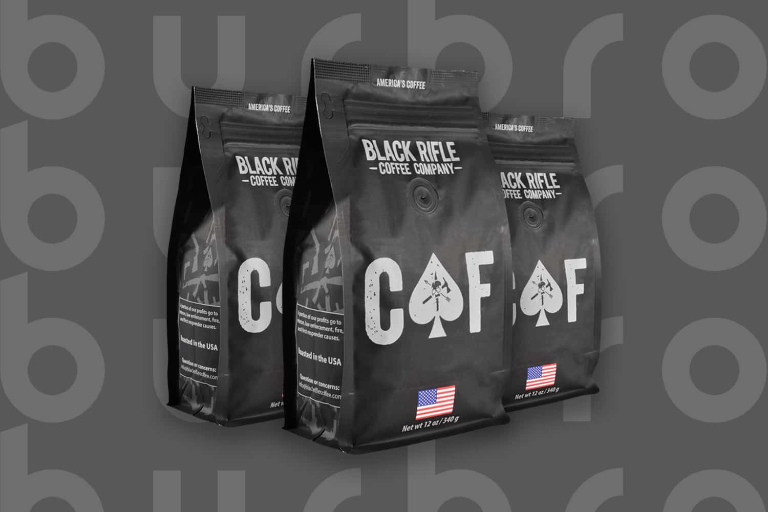 This is the cover photo for our Best Strong Coffee article. It features 3 black and grey bags of Black Rifle CAF 2x Caffeine coffee overlaid on a dark background with embossed Burbro logo.