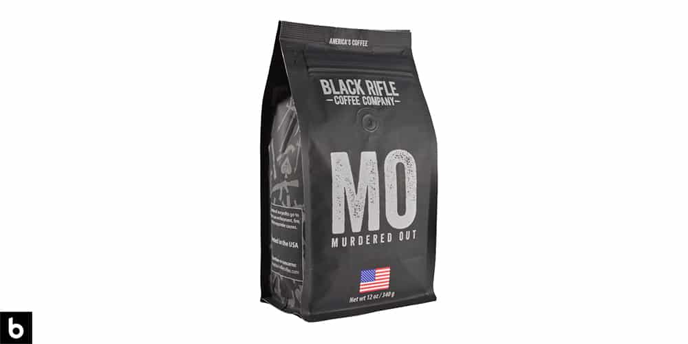 This is a product photo of a black and silver bag of Black Rifle Murdered Out dark roast coffee.