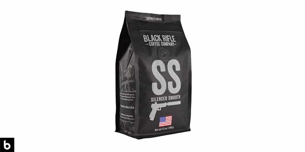 This is a product image of a black and silver bag of Black Rifle Silencer Smooth light roast coffee.