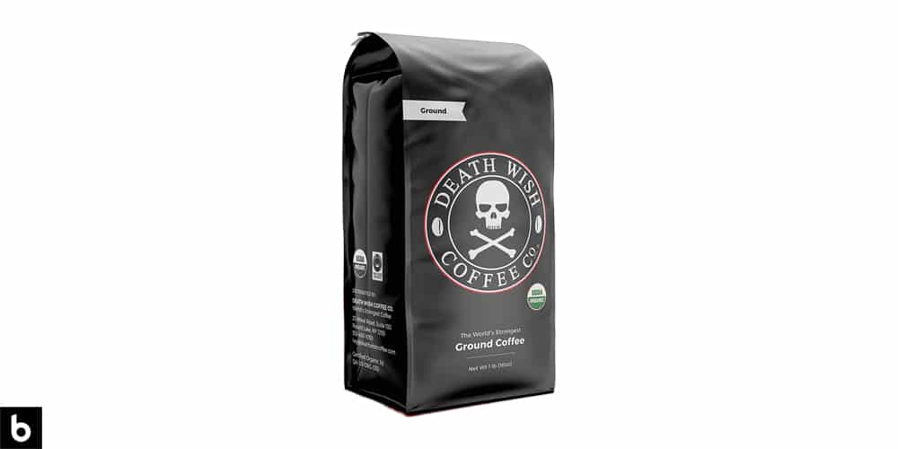 This is a product photo of a black bag of Death Wish ground coffee.
