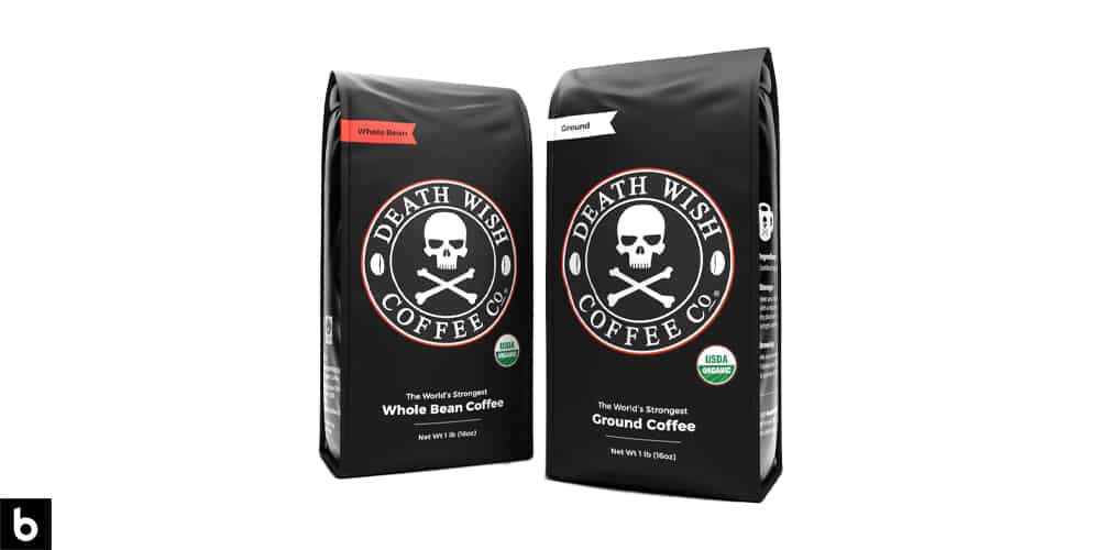 This is a product image, featuring a black bag of Death Wish Whole Bean Coffee. We've dubbed it one of the Strongest Coffee Beans for French Press.