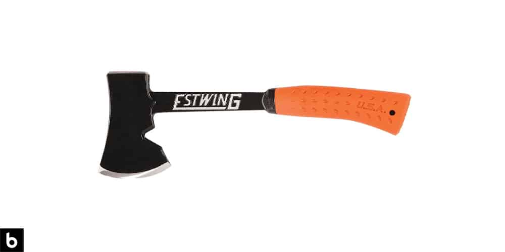 This is a product image, featuring a small black and orange Estwing axe/hatchet.